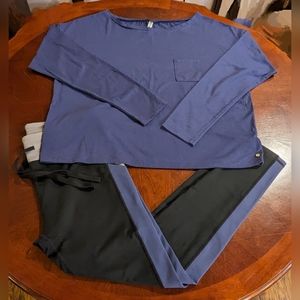 Fabletics top & drawstring Yoga Pants set, Size XL, Black, Navy Blue and Gray